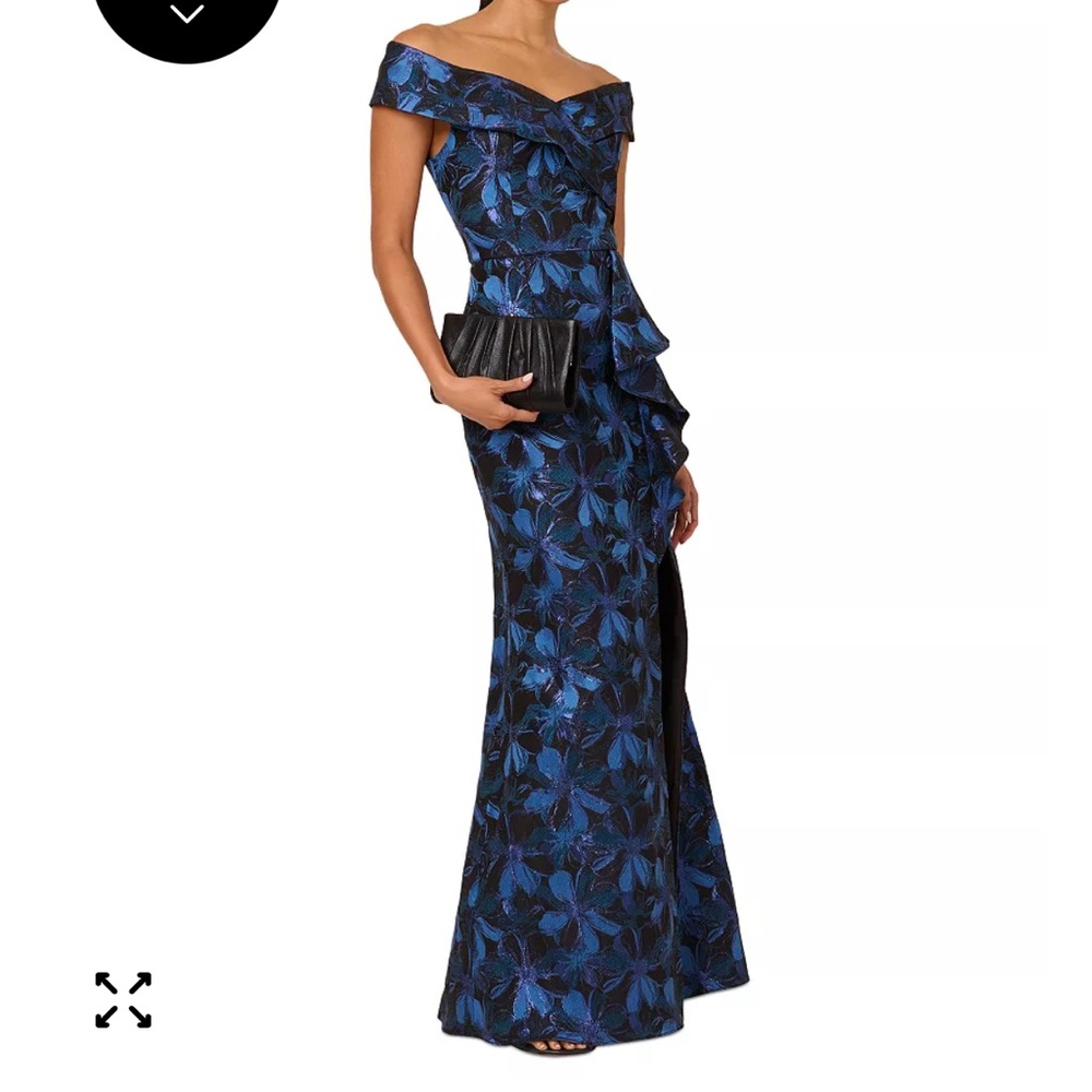 Adrianna Papell Off-Shoulder Black and Blue Maxi Dress